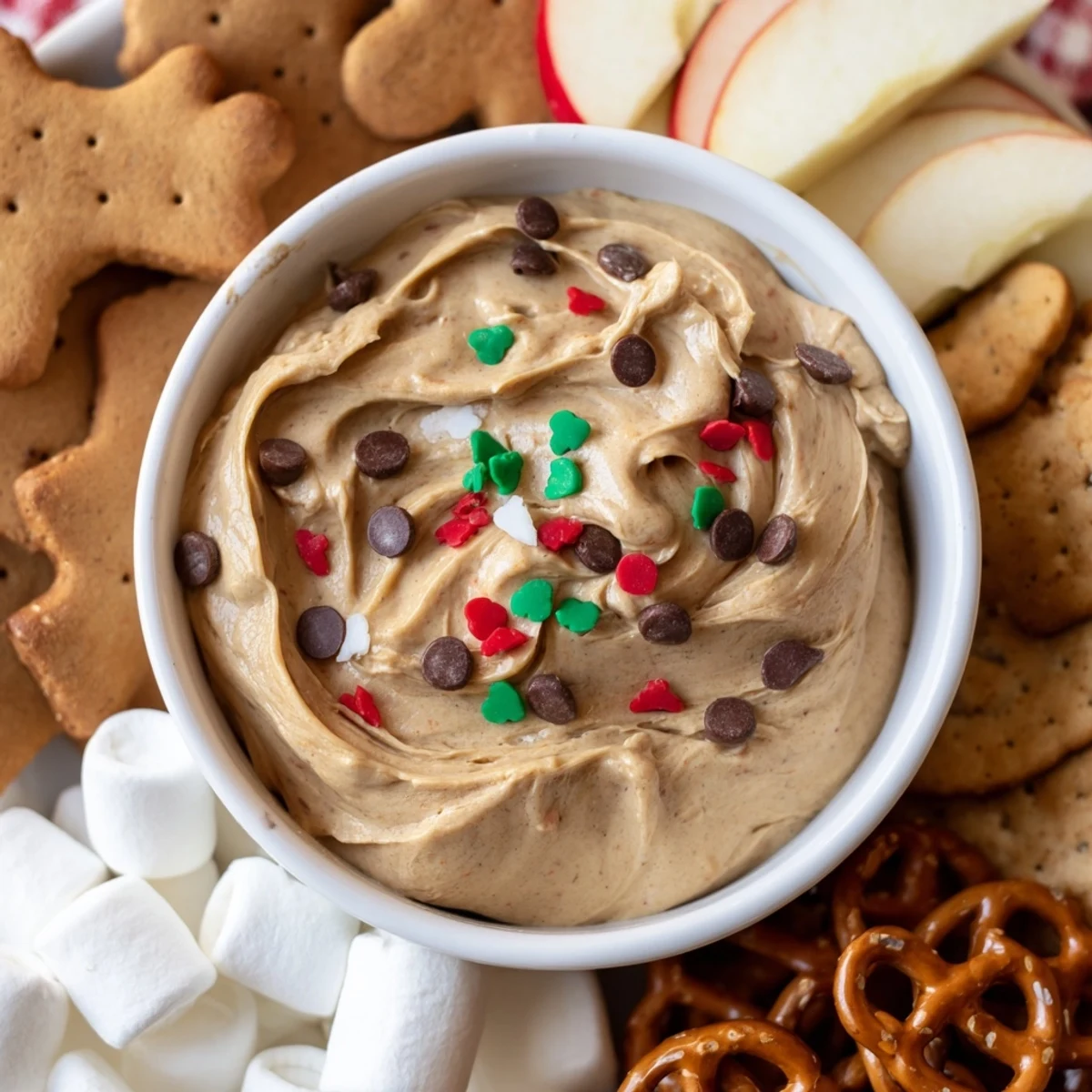 Close-up of a festive Gingerbread House Dip Board, a sweet, creamy dessert with colorful sprinkles.