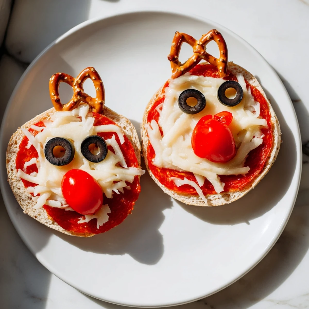 Homemade Reindeer Face Pizza Bagels with bubbly mozzarella and pretzel "antlers," perfect for kids!