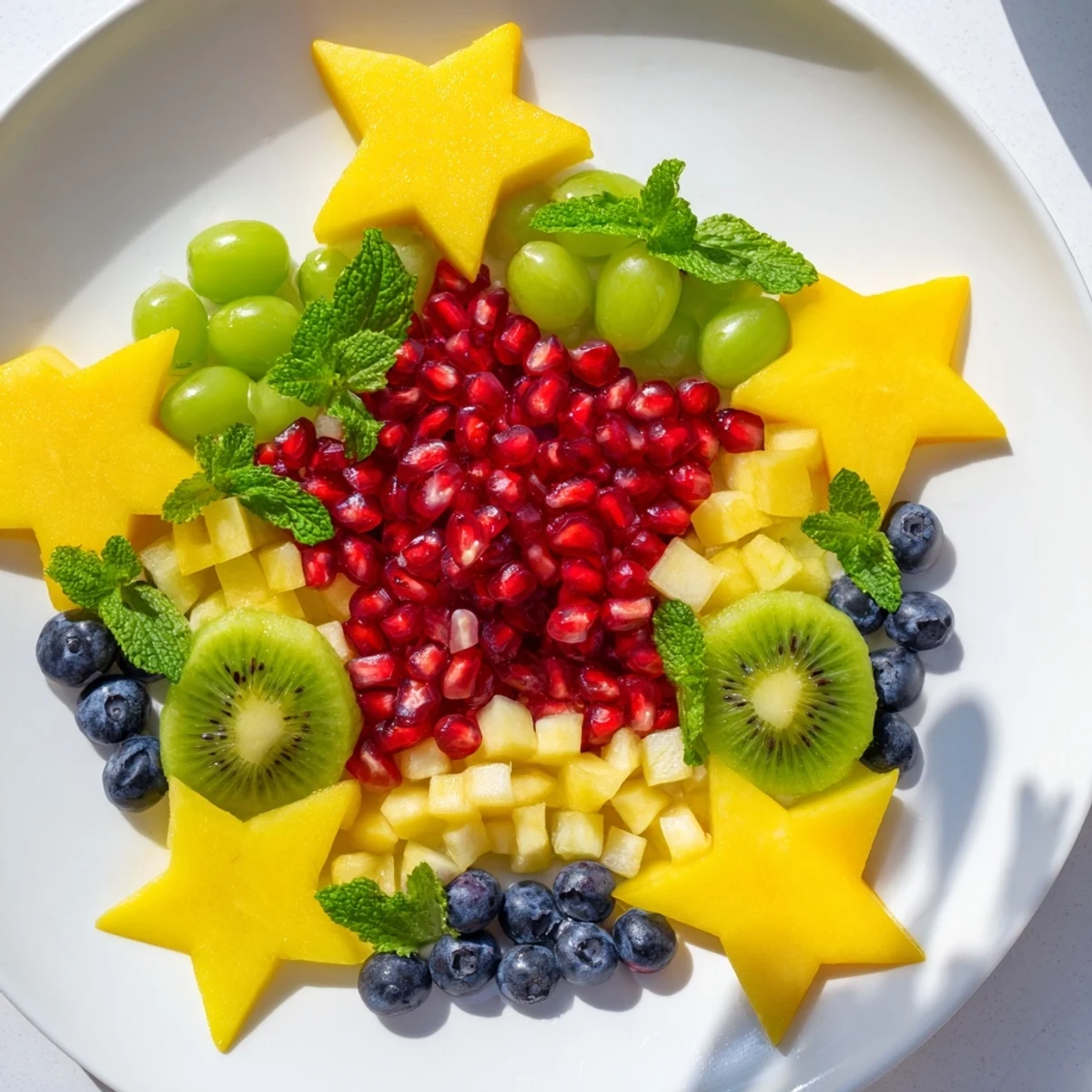 Pomegranate and mint star fruit platter: a gorgeous array of fresh fruits, ripe and juicy, glistening on a platter.