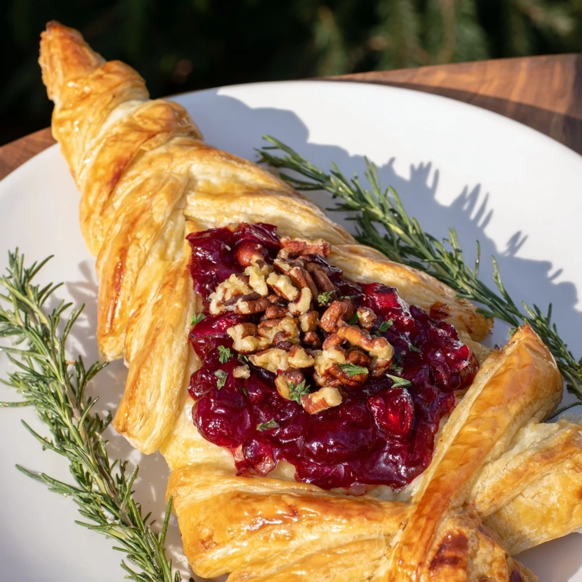 Golden-crusted Brie en Croûte Pine Tree, filled with cranberry and pecans, ready to serve with crackers.