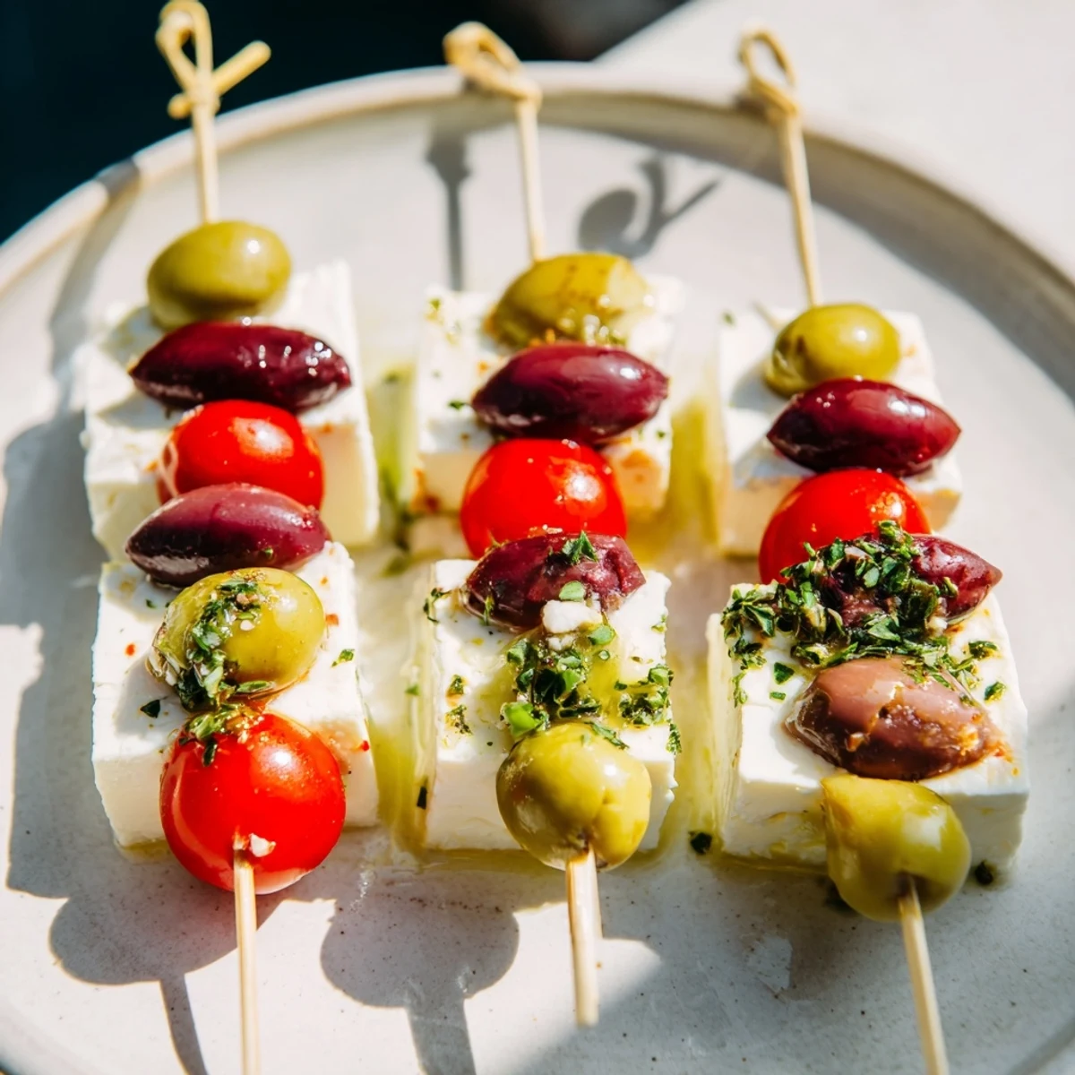 Vibrant photo shows the easy-to-make Holiday Cheers Olive and Feta Skewers, a delicious vegetarian appetizer idea.