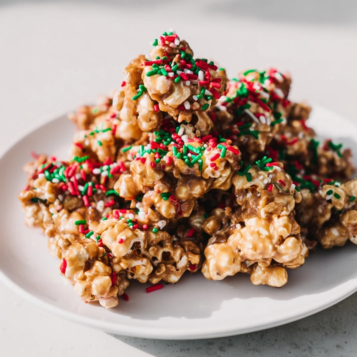 Warm, gooey popcorn piles glistening with candied coating, generously topped with red and green sprinkles.