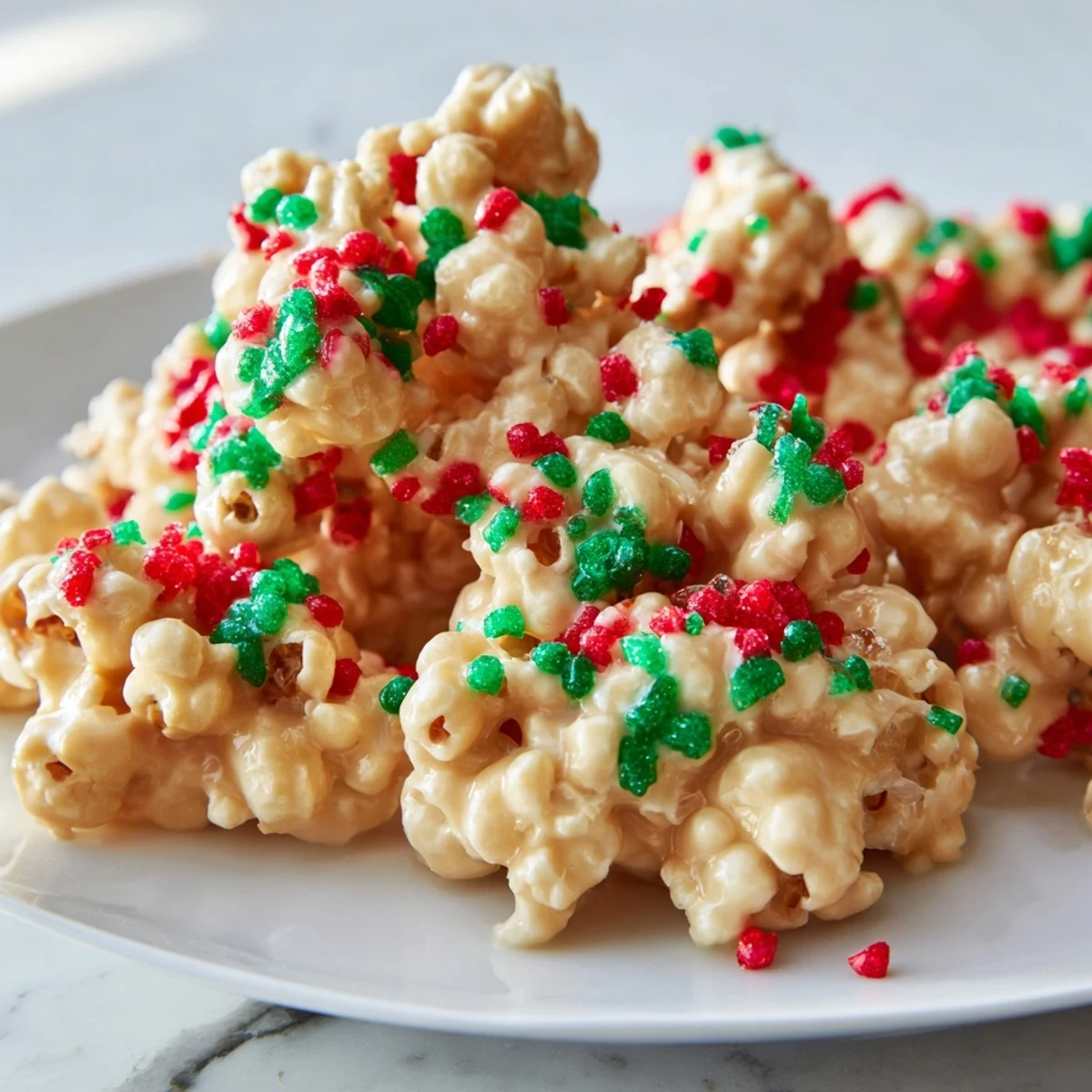 Sweet and crunchy, freshly prepared popcorn piles, beautifully decorated with festive holiday sprinkles.