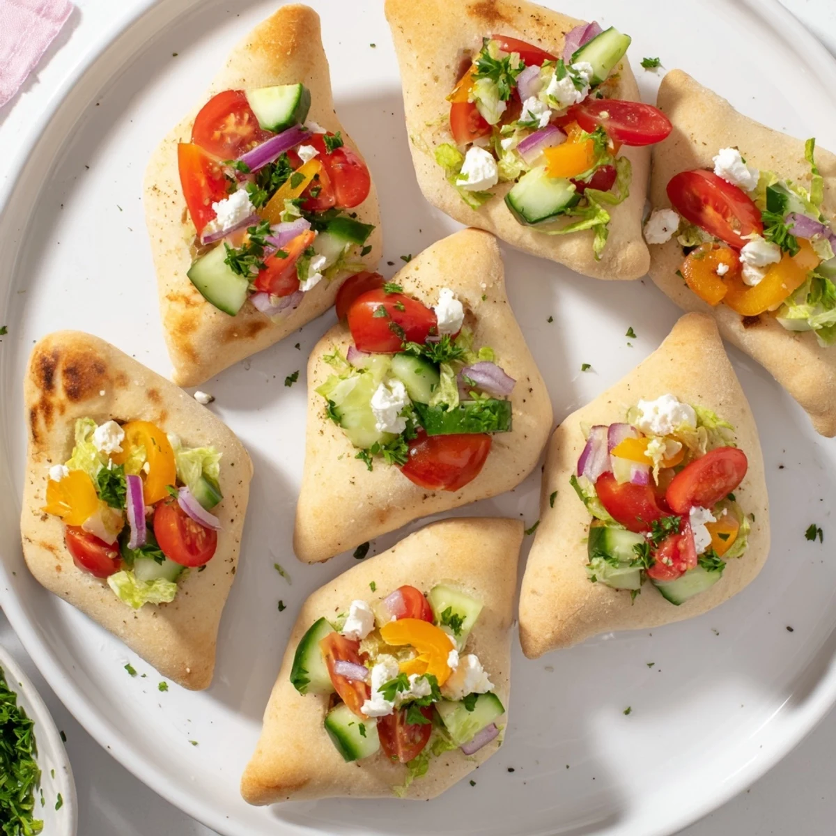 Warm mini pita pockets and colorful hummus bowls create a delicious Savory Board appetizer spread.