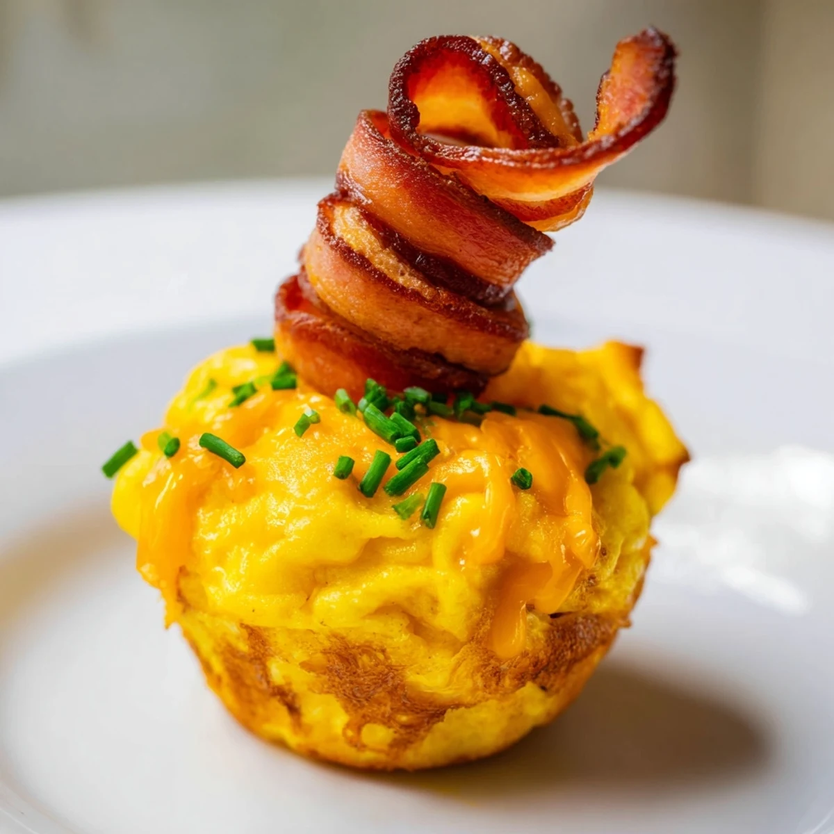 Warm, fluffy Scrambled Egg Cups garnished with bacon, ready to serve as a delicious side dish.