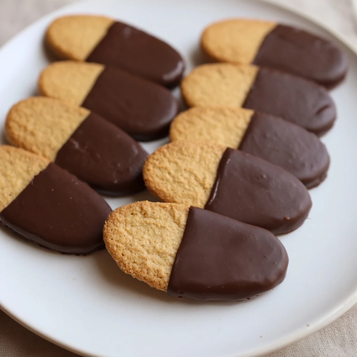 Close-up of Simple Cookies: Vanilla Wafers, half dipped in glossy chocolate—a homemade treat.