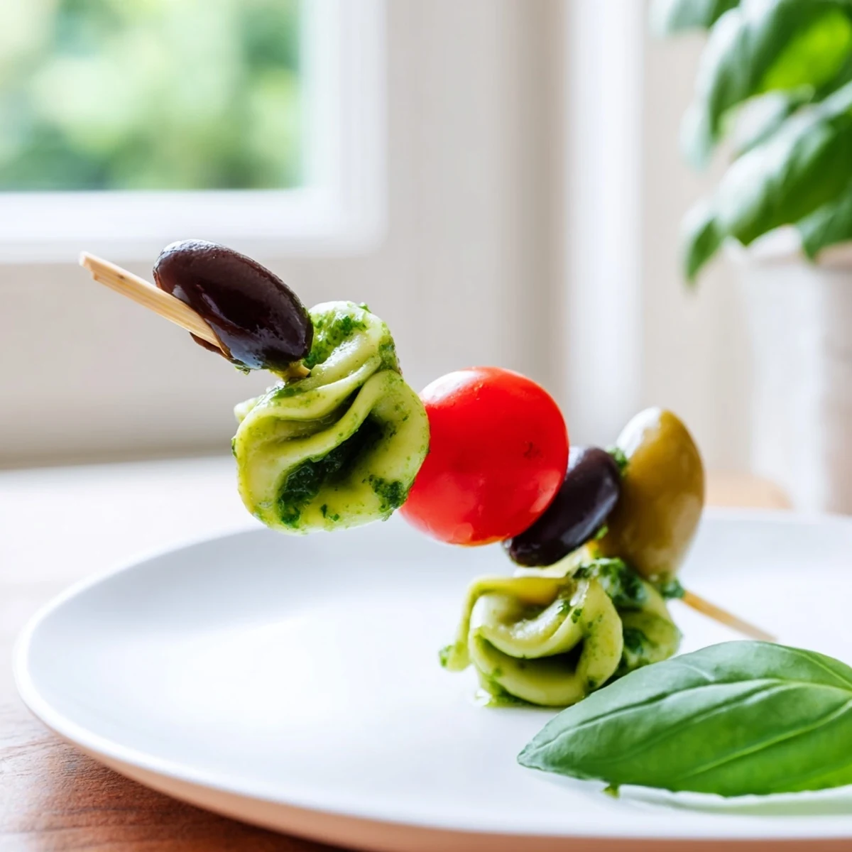 Appetizer Skewers: colorful tortellini, juicy cherry tomatoes, and olives drizzled with vibrant pesto for a tasty treat.