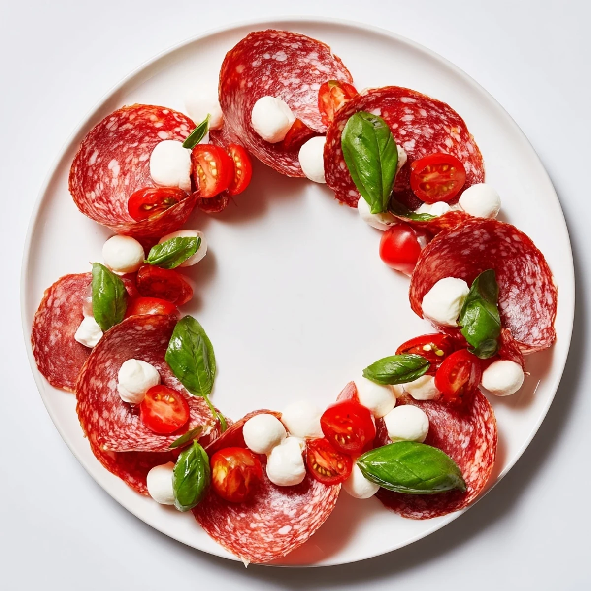 Folded salami wreath arranged beautifully with mozzarella balls and cherry tomatoes; a simple appetizer.