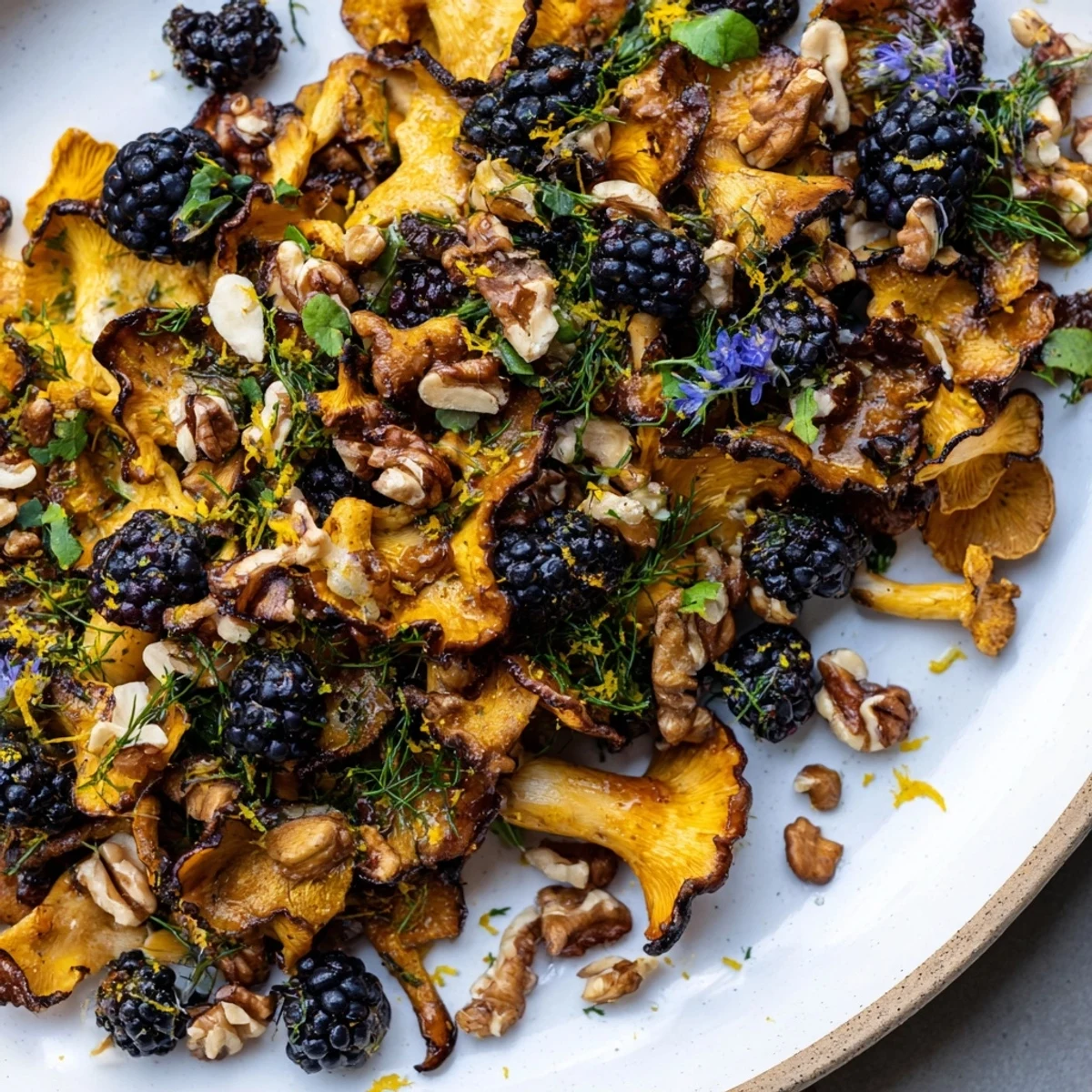 Vibrant, earthy Northwest Forest Forager salad, showcasing wild mushrooms and fresh berries artfully arranged.