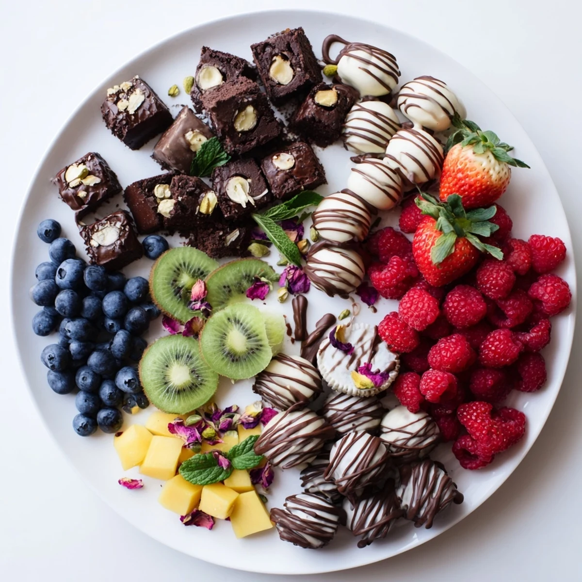 A platter of The Sweet Dessert Decadence featuring vibrant fruits, chocolates, and drizzled melted chocolate.