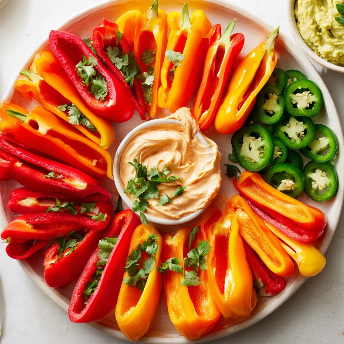 Spicy Chili Pepper Fiesta served with vibrant dips and chips, ready to scoop, a party favorite.