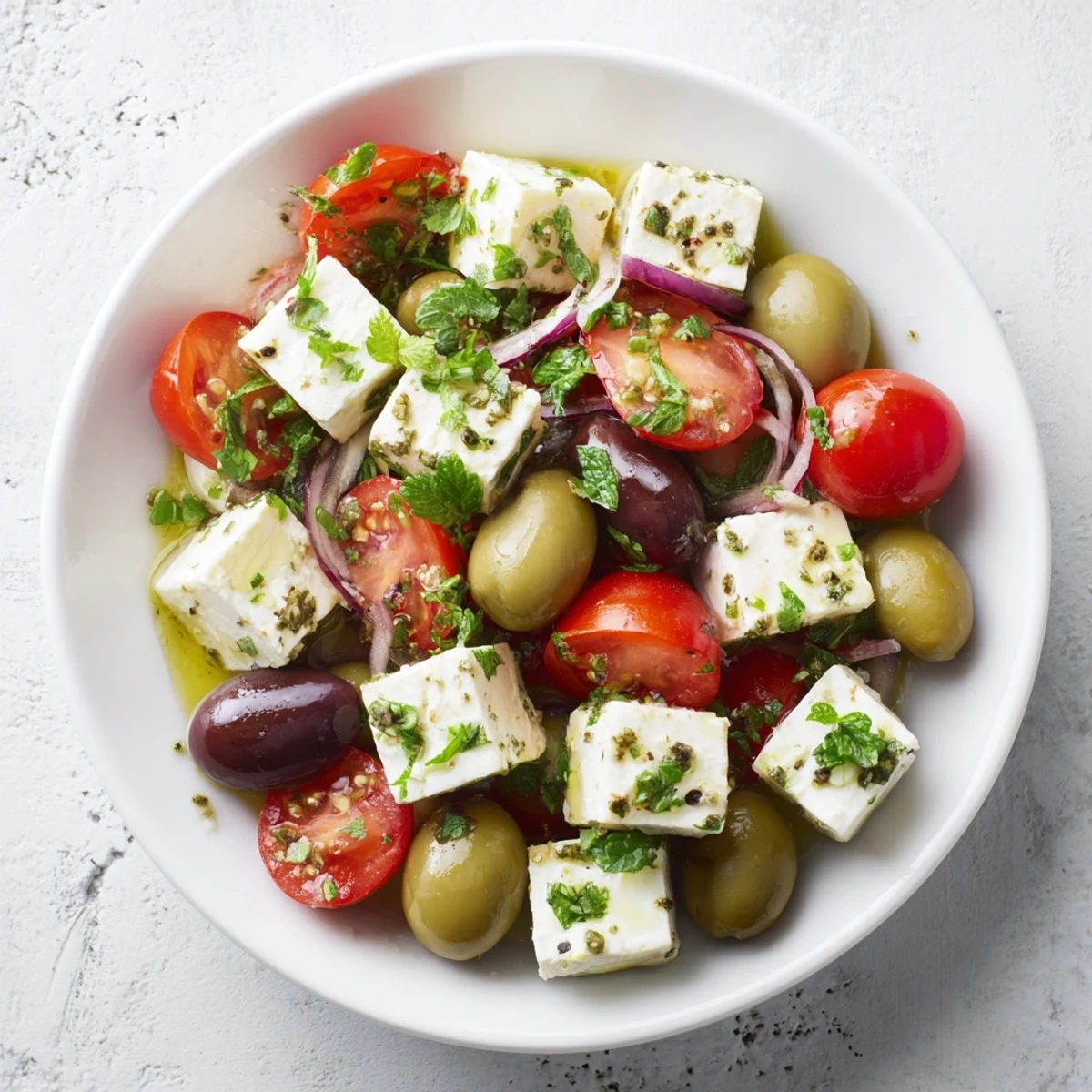 A colorful Mediterranean Mezza Platter with feta, fresh veggies, and creamy dips, ready to share.