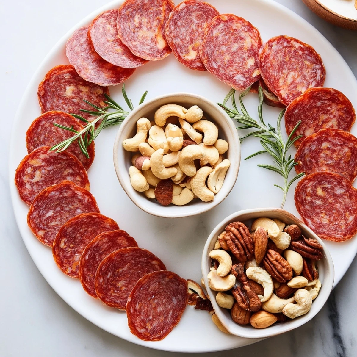 Elegant The Infinity Loop appetizer with artfully arranged salami looping around bowls of mixed nuts.