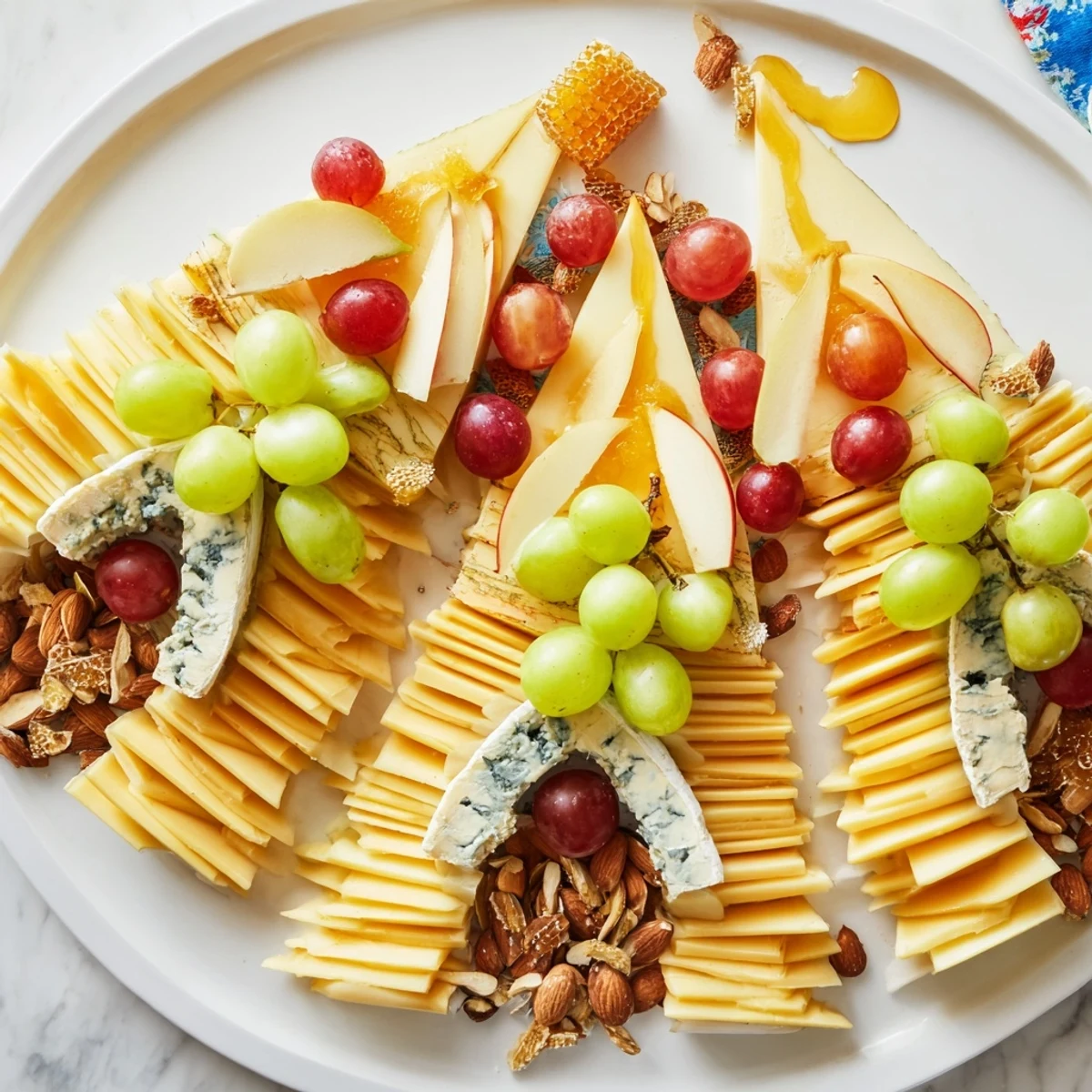 Elegant Art Deco Arch Cheese Platter: a gourmet appetizer with layered cheese fans and vibrant fruit.