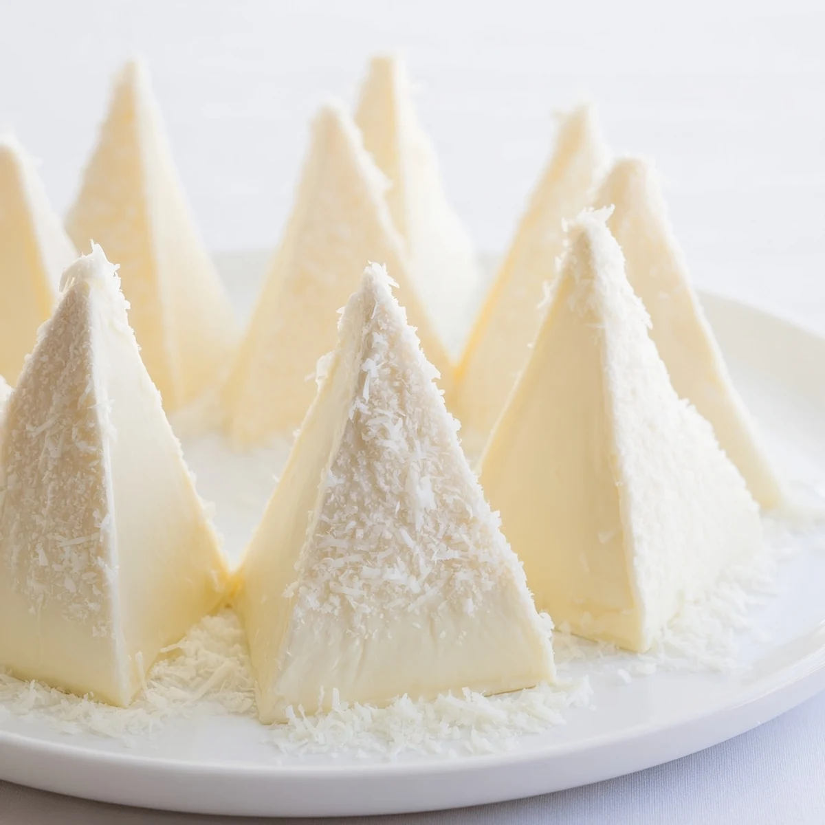 Elegant Snowcapped Range appetizer of Brie wedges dusted with Parmesan snow, ready to serve.