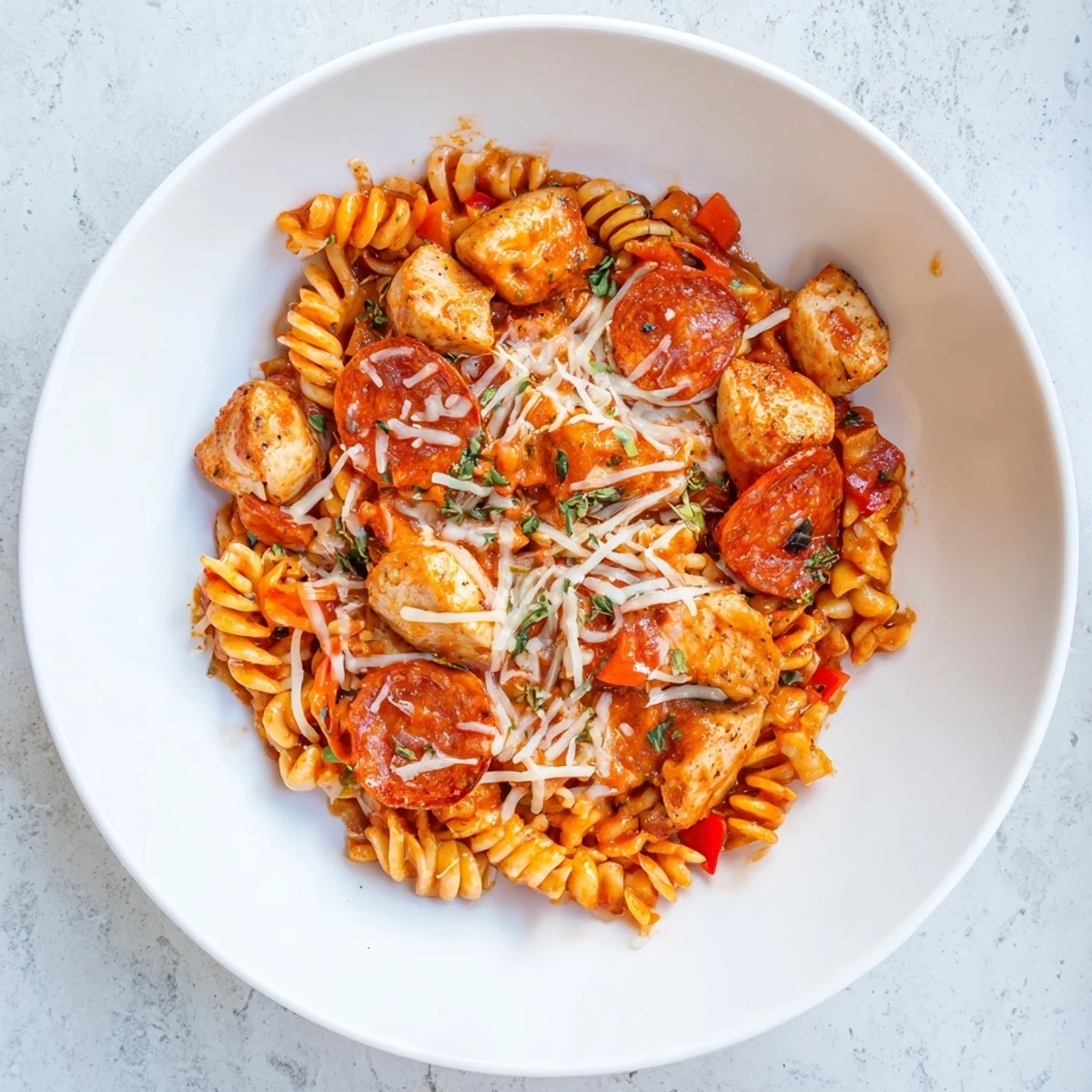 A bubbling pan of One-Pan Pizza Pasta with melted mozzarella and pepperoni slices.