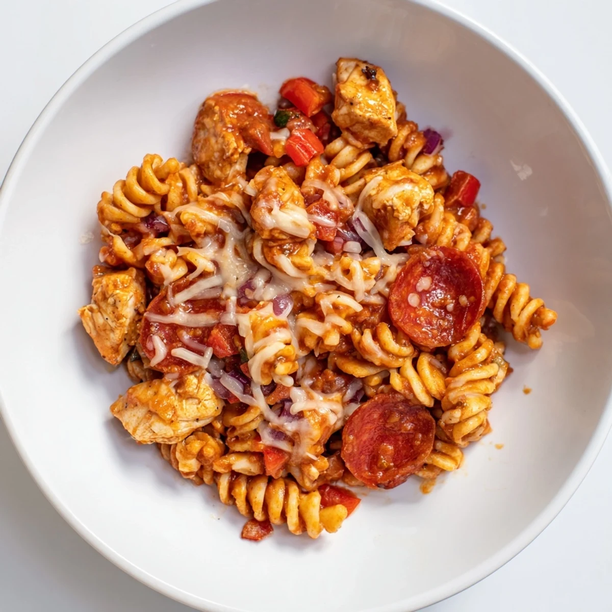 Golden, cheesy One-Pan Pizza Pasta with rotini pasta and tender chicken visible.