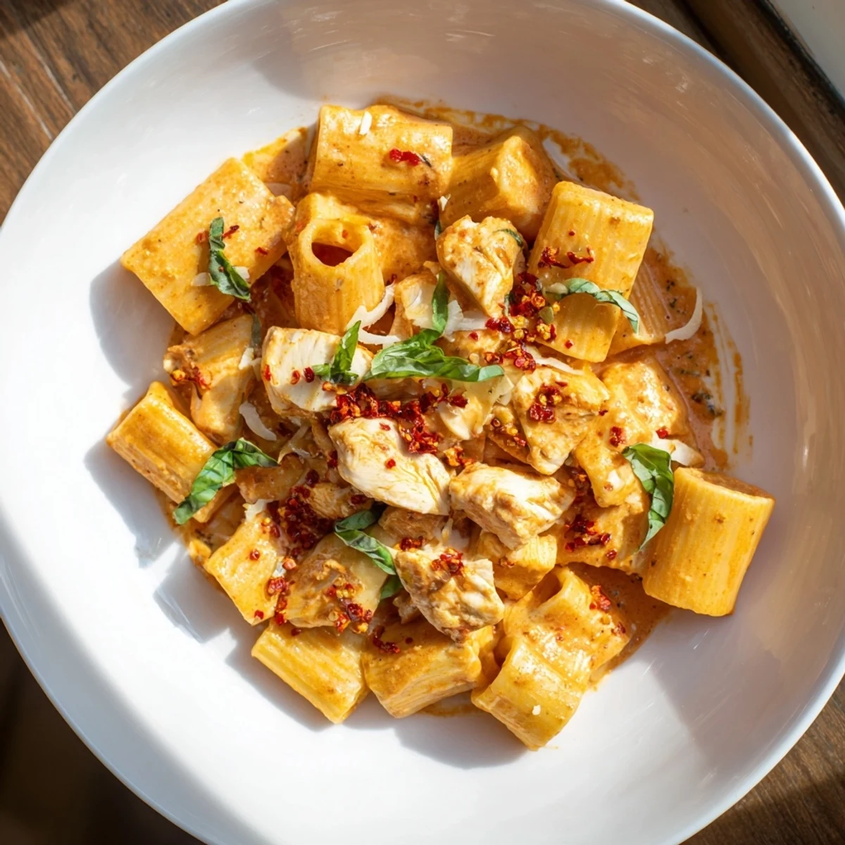 Steaming bowl of Spicy Vodka Chicken Pasta, creamy sauce coating each rigatoni pasta shape.