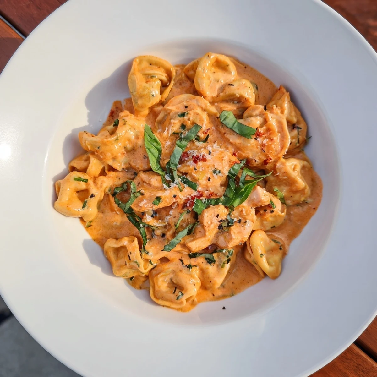 A close-up shot of the Marry Me Chicken Tortellini, garnished with fresh basil and Parmesan.