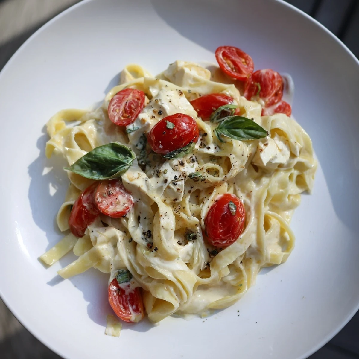 Close-up of bubbling Baked Brie Pasta Sauce with herbs and tomatoes before being tossed with pasta.
