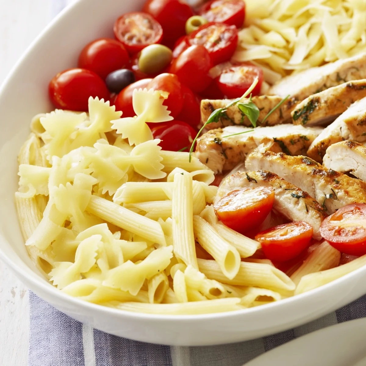 Girl Dinner Pasta Board, a colorful platter showcasing three pasta types with creamy sauces and grilled chicken.