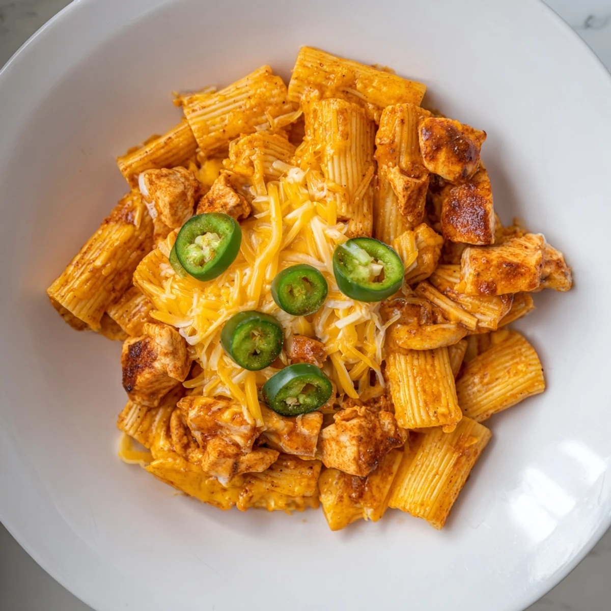 Pasta Chip Nachos brimming with melted cheddar, taco chicken, and crispy golden pasta.
