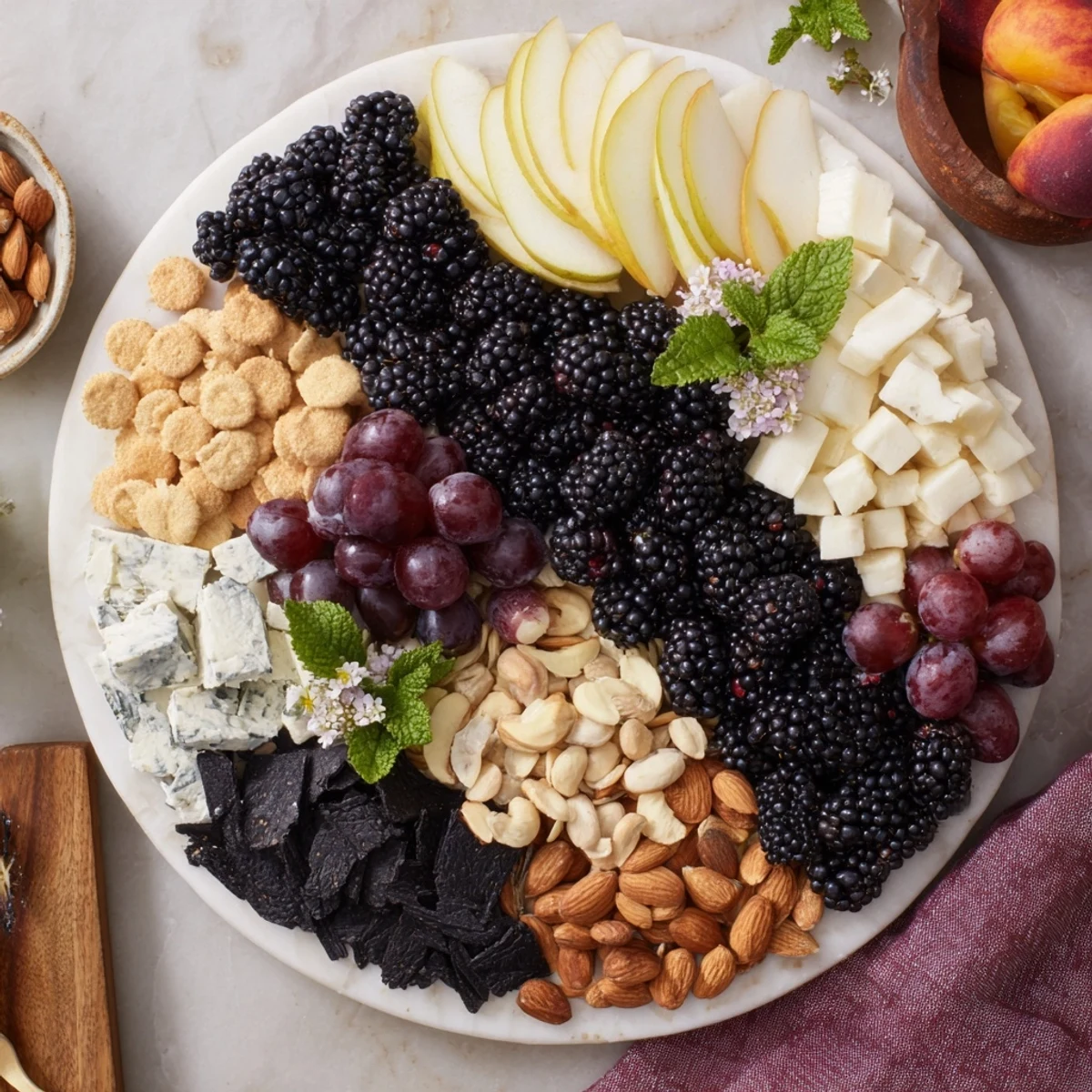 This Yin-Yang balance appetizer board features vibrant colors with creamy cheeses, berries, and nuts for taste.