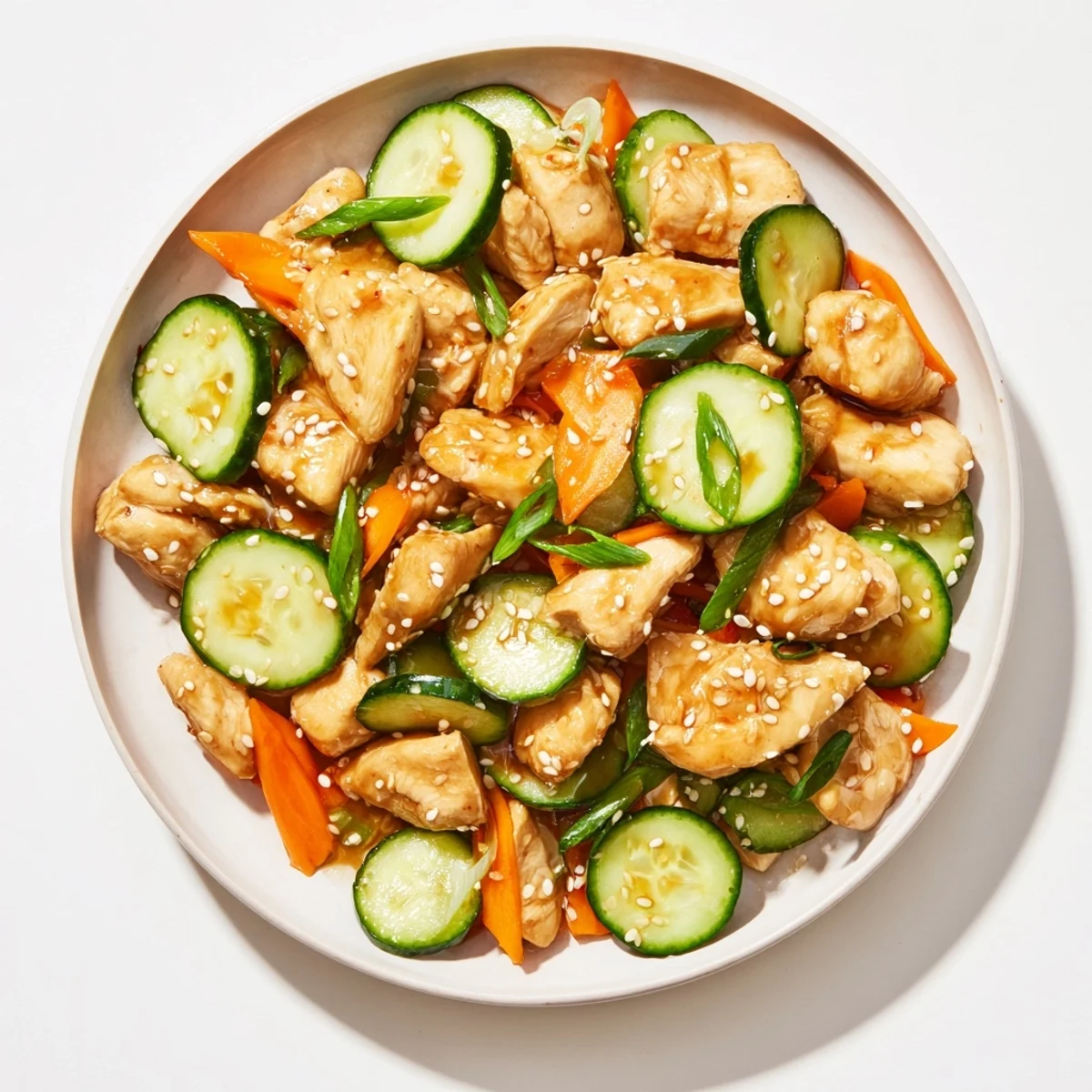 Deli Container Shaker Chicken Salad, fresh and vibrant, shows chicken and cucumber ready to shake for a zesty, Asian-inspired lunch.