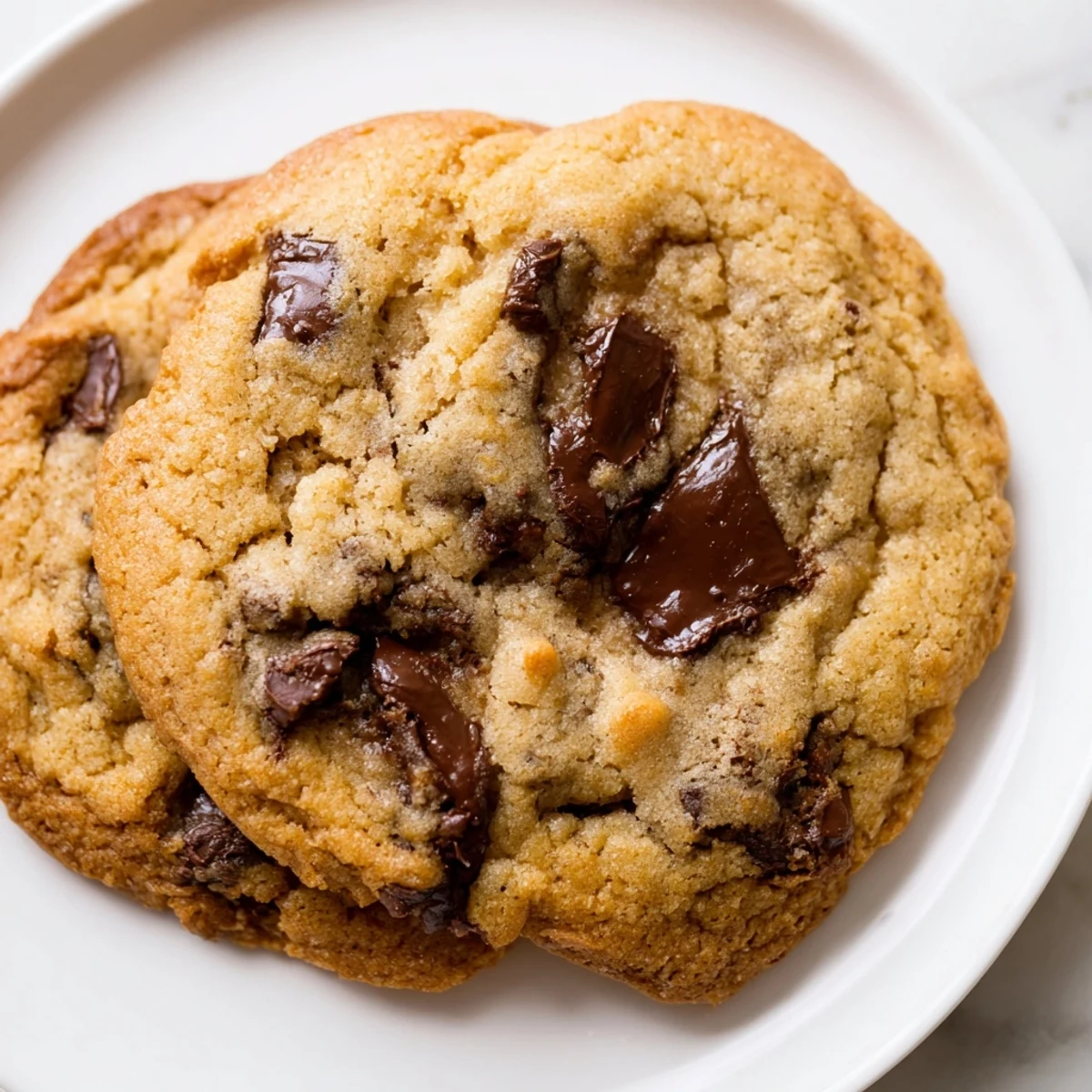 Golden-brown air-fryer chocolate chip cookies, still warm from the air fryer, look impossibly delicious.