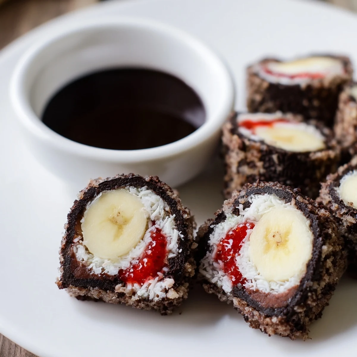 Oreo Cookie Sushi Rolls with chocolate soy dip, a fun dessert with colorful sprinkles and sliced rolls.
