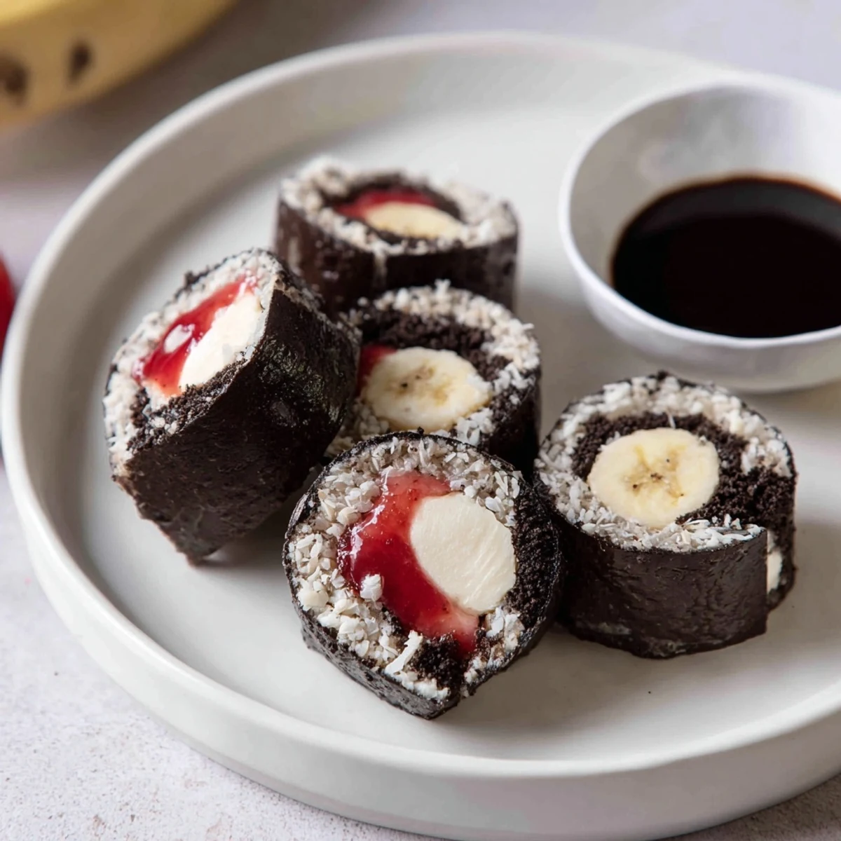 Close-up of freshly made Oreo Cookie Sushi rolls, showcasing their creamy filling and coconut topping.