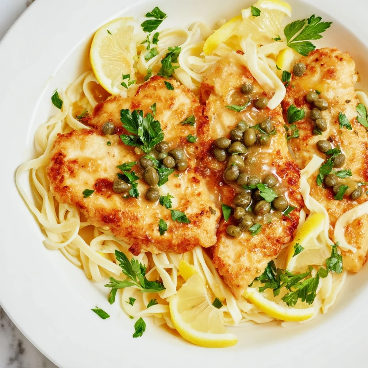Golden chicken piccata pasta, featuring tender chicken in a lemon-caper sauce, ready to serve.