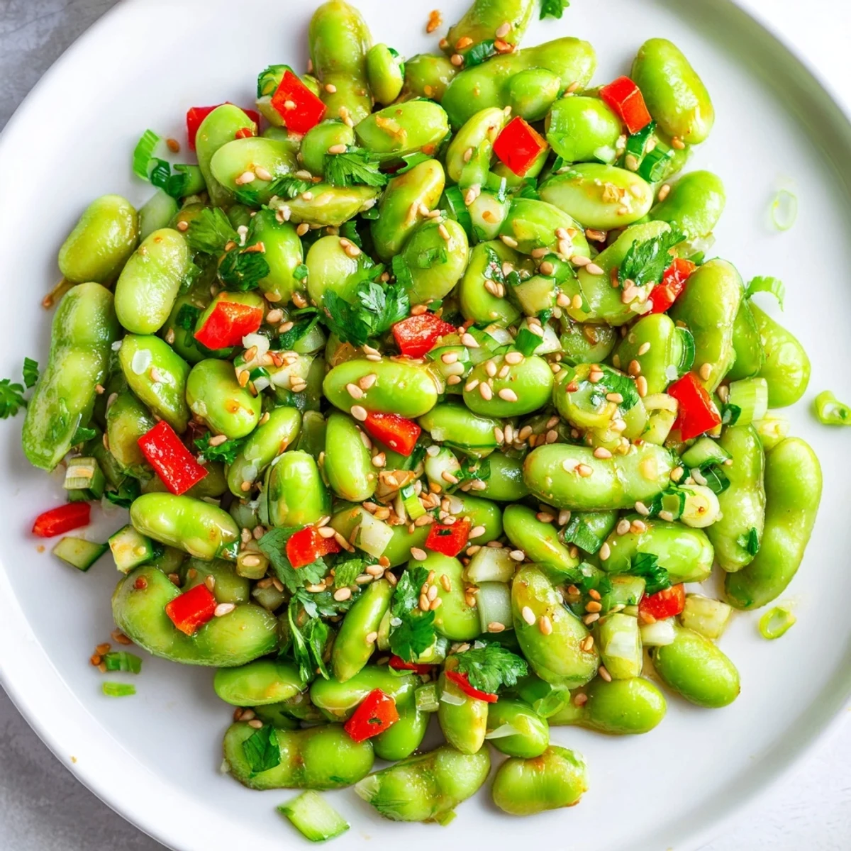 Vibrant Edamame Salad with crisp cucumber and a sesame dressing, ready to enjoy.