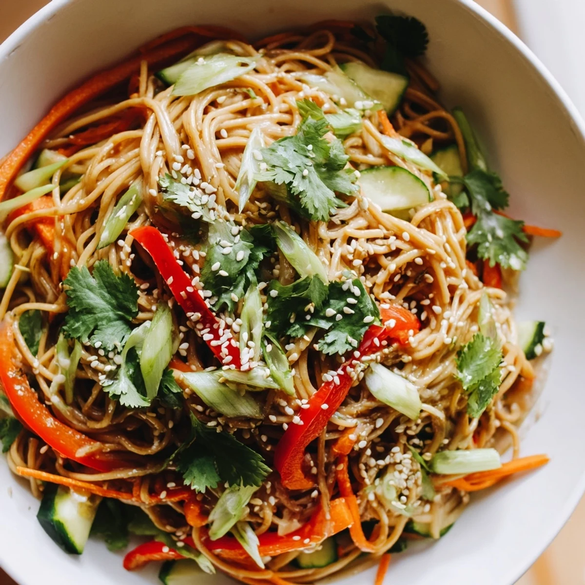 Freshly tossed garlic noodle salad, bursting with colorful vegetables, ready for a flavorful lunch.