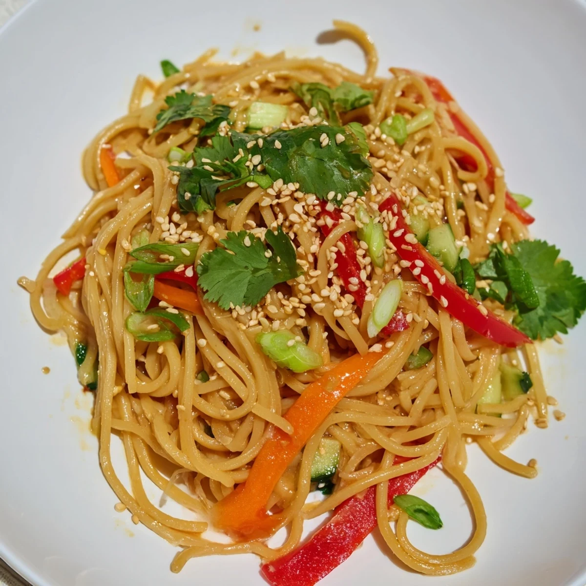 A close-up of delicious garlic noodle salad, featuring vibrant carrots, peppers, and savory soy dressing.
