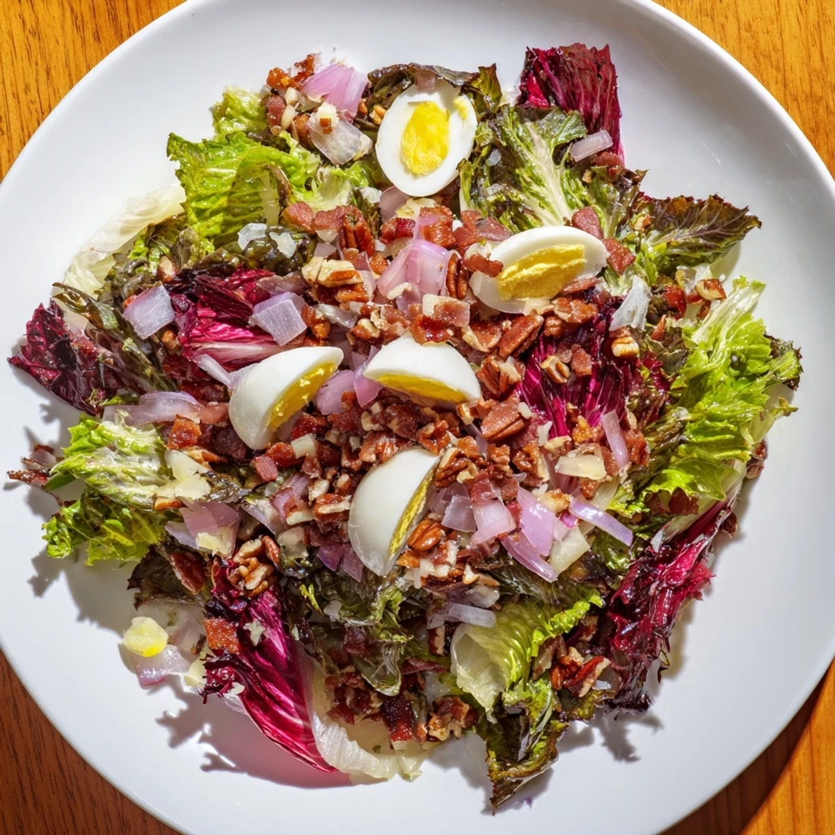 Earthy, delicious bitter greens salad, topped with warm bacon dressing and hard-boiled egg pieces.
