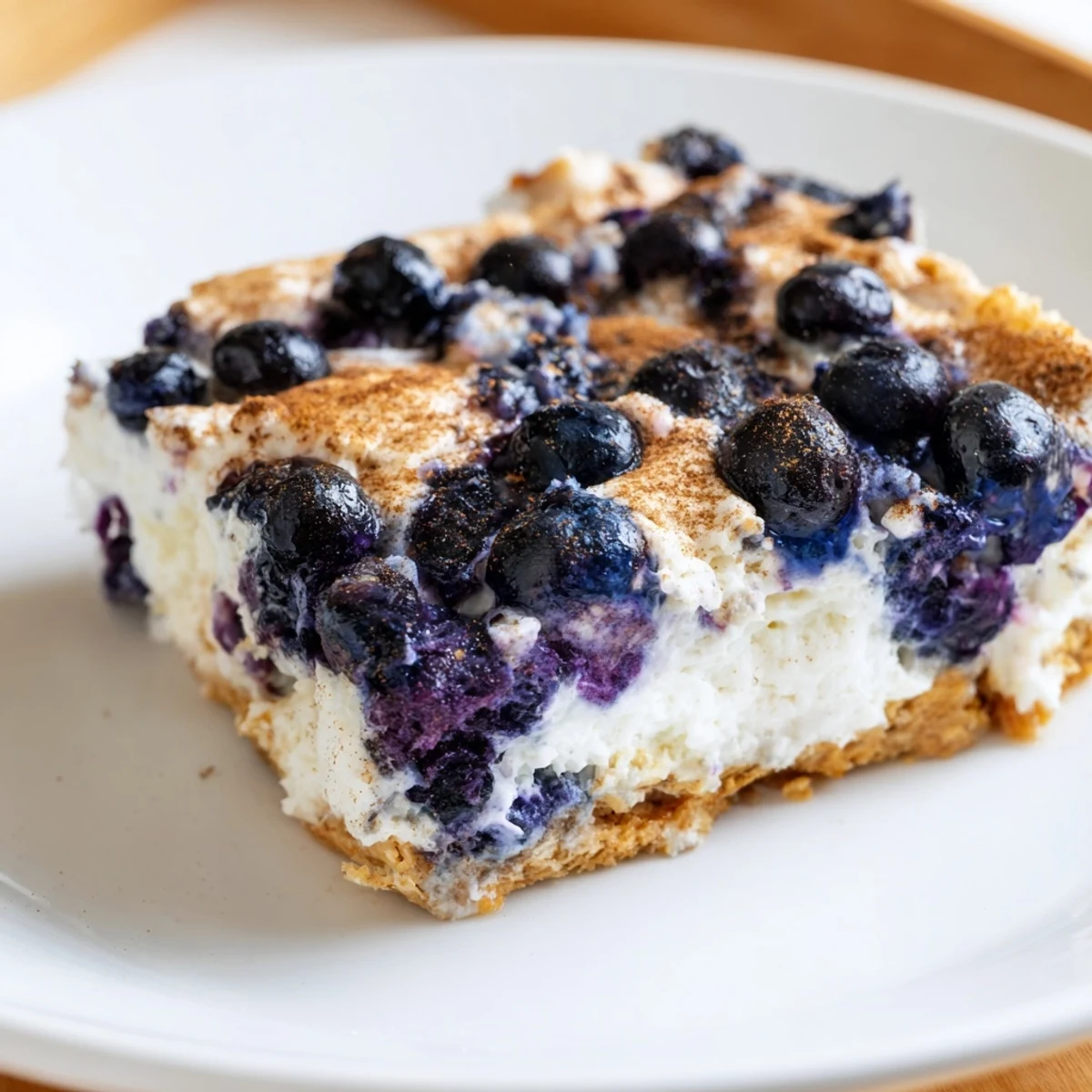 Golden-brown Blueberry Cottage Cheese Bake, with plump blueberries, ready to serve for a quick breakfast.