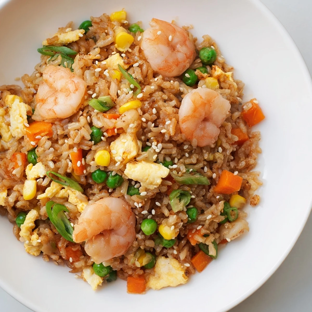 A steaming bowl showcasing savory shrimp fried rice with fluffy rice, sprinkled with green scallions.