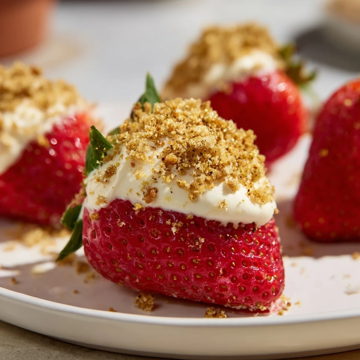 These delightful bite-sized Cheesecake Stuffed Strawberries feature plump, red berries bursting with tangy, sweet cream.