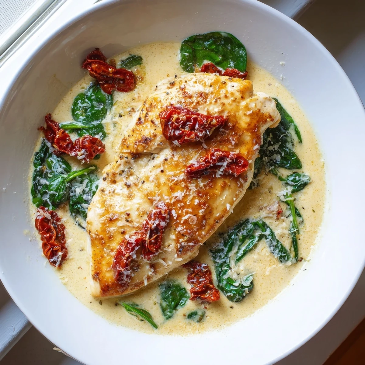 Golden-brown Creamy Tuscan Chicken breasts simmering in a rich, sun-dried tomato and spinach sauce.
