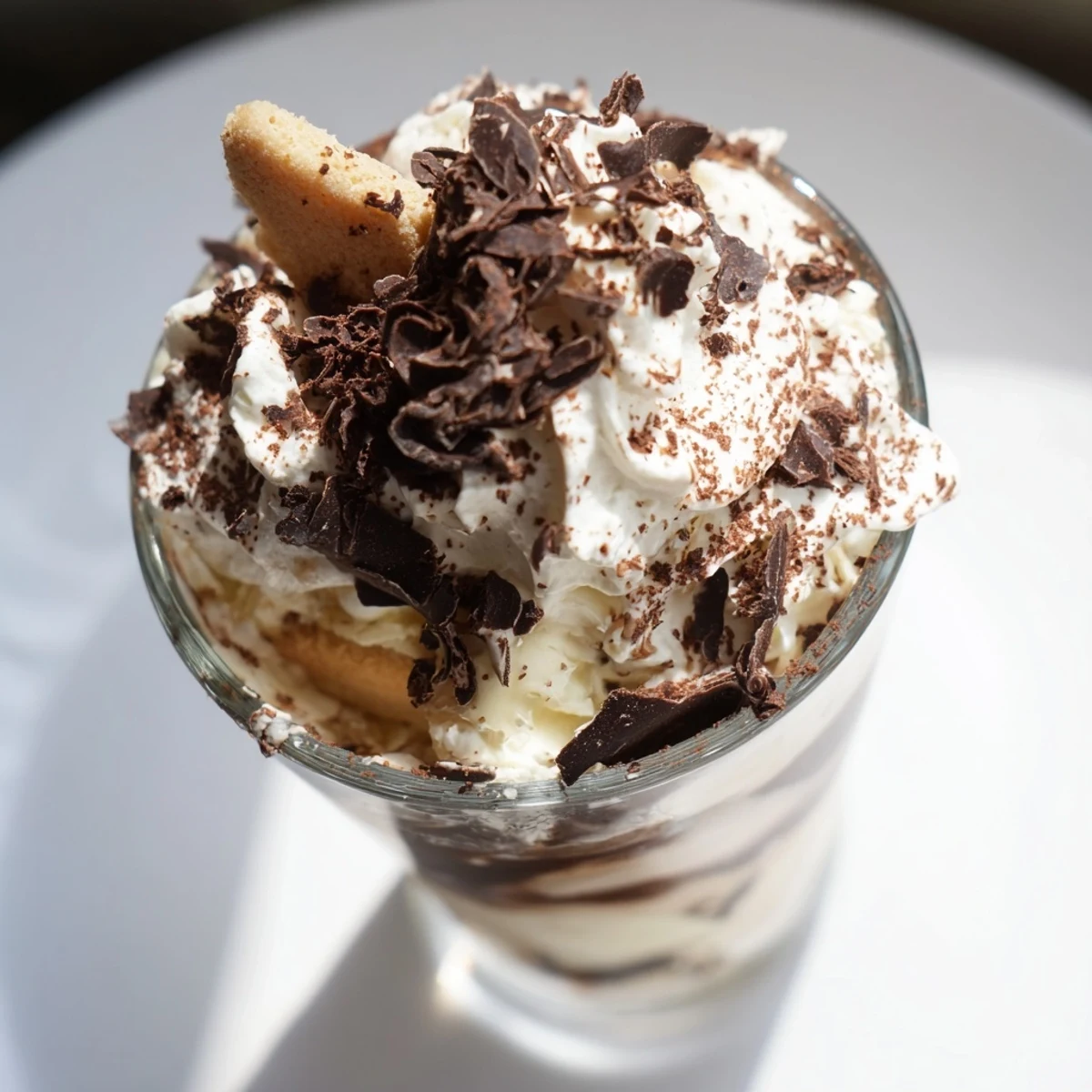 Deconstructed Tiramisu Shots in small glasses: A layer of creamy mascarpone balances intense espresso biscuits.