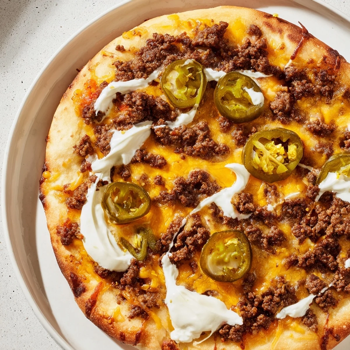 Golden-brown crust supports a flavorful layer of Ground Beef Taco Pizza, awaiting a creamy drizzle.