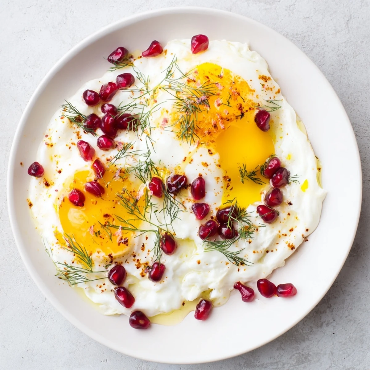 Creamy yogurt base topped with brightly poached eggs and sumac butter in this Çılbır dish.