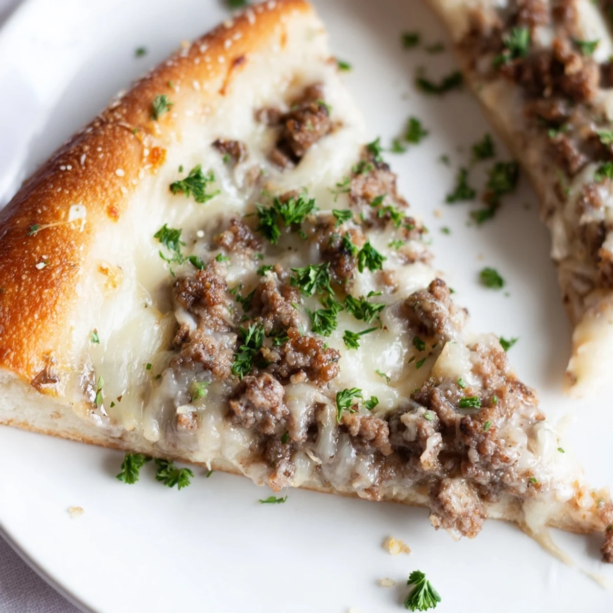 Fragrant and delicious Ground Beef Alfredo Pizza, baked until the crust is beautifully golden brown.