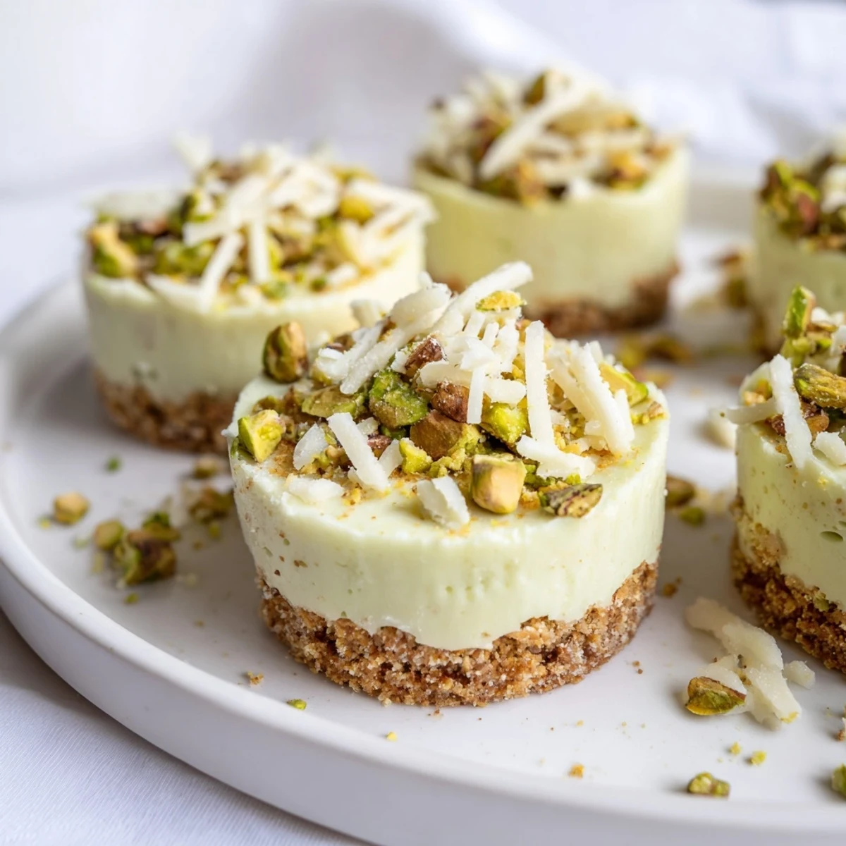 Mini Pistachio Cheesecake Bites shown, topped with chopped pistachios—a delightful, elegant dessert.