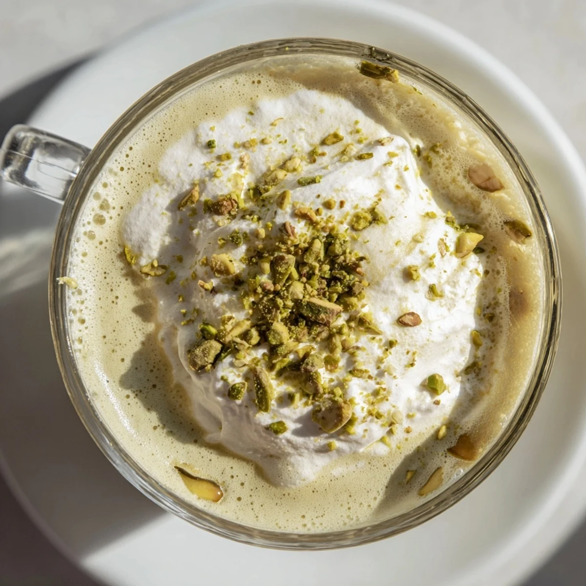 Picture a decadent pistachio latte topped with creamy cold foam, a perfect gourmet coffee drink.