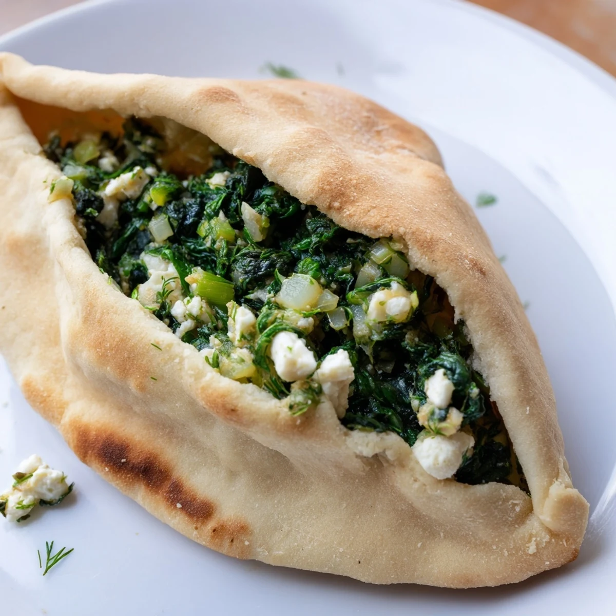 A close-up shot of warm, delicious Turkish Spinach & Feta Flatbread, perfect for a vegetarian snack.