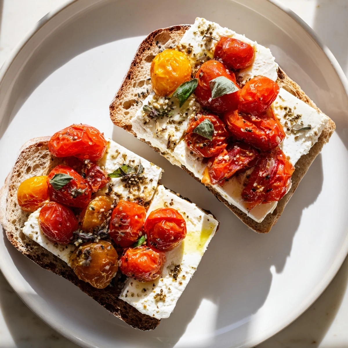 Warm, Mediterranean Baked Feta Toast: Crusty bread with creamy feta and roasted cherry tomatoes.
