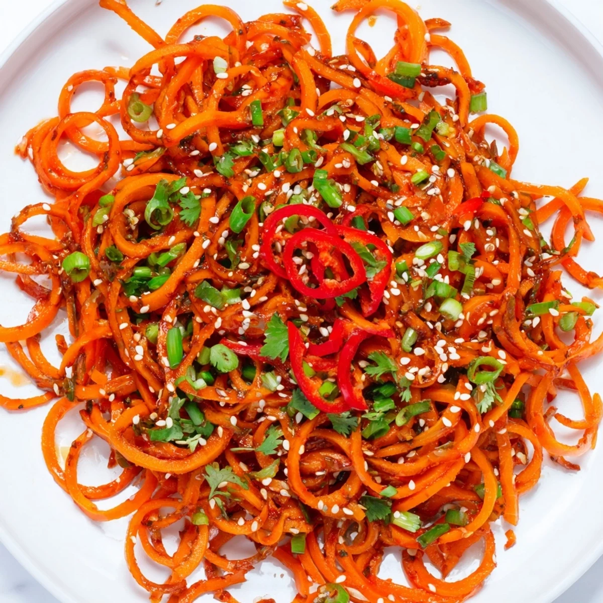 Freshly made Carrot Ribbon Salad, Asian-Style, beautifully garnished and ready to serve for a quick meal.