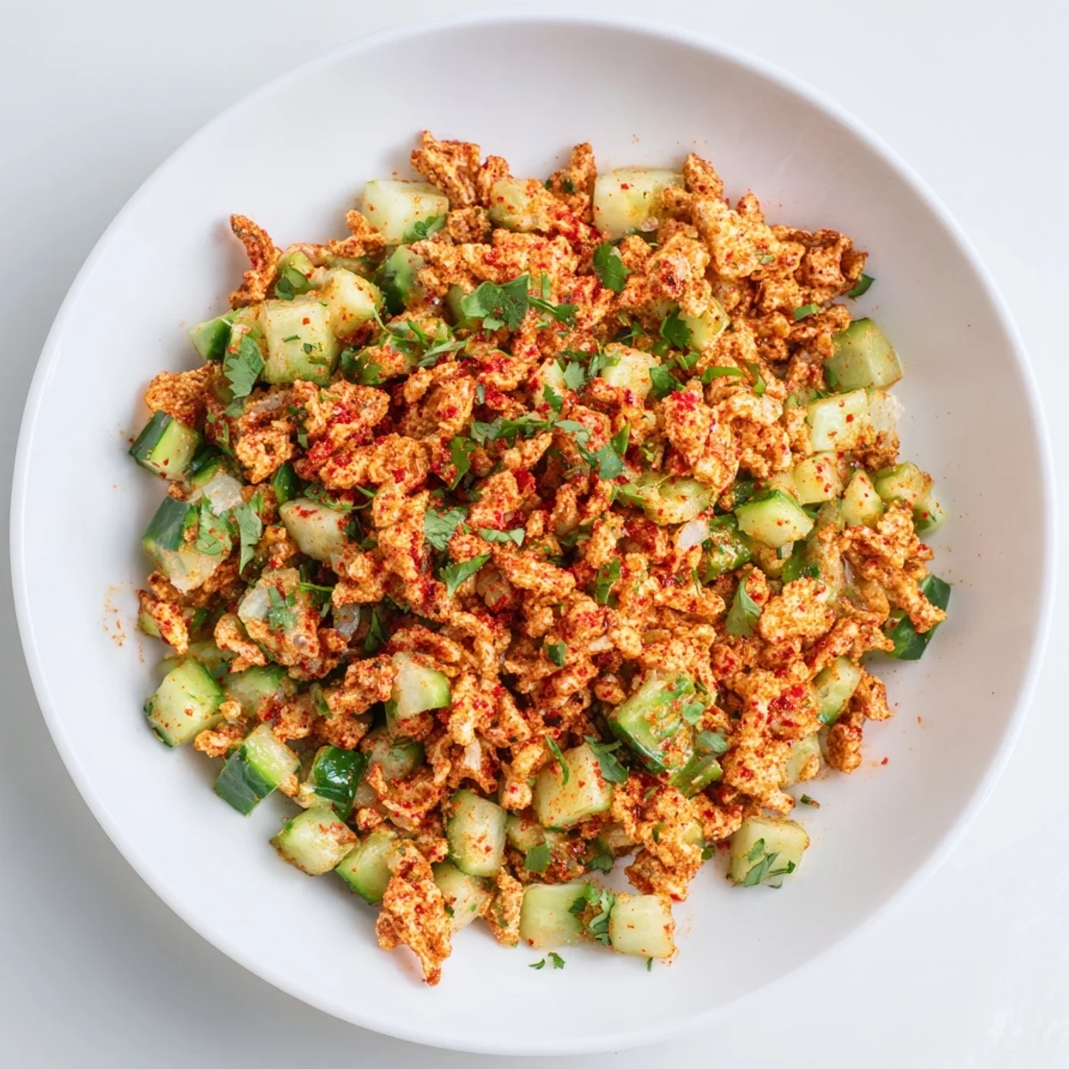 Vibrant close-up of Flamin Hot Cheeto Salad, a spicy, crunchy, and refreshing side dish.